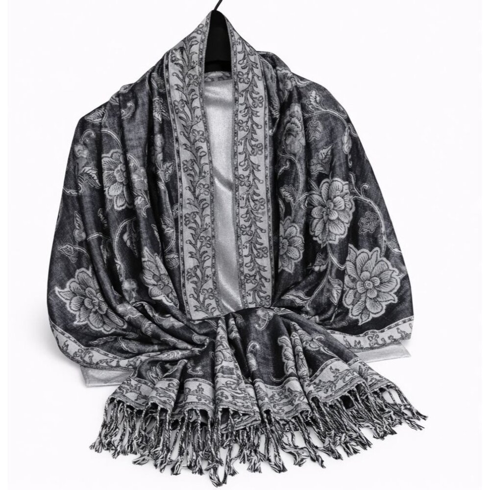 Black White Paisley Jacquard Scarf Shawl Fringe Boho Wrap Women 72x28 - Picture 1 of 9